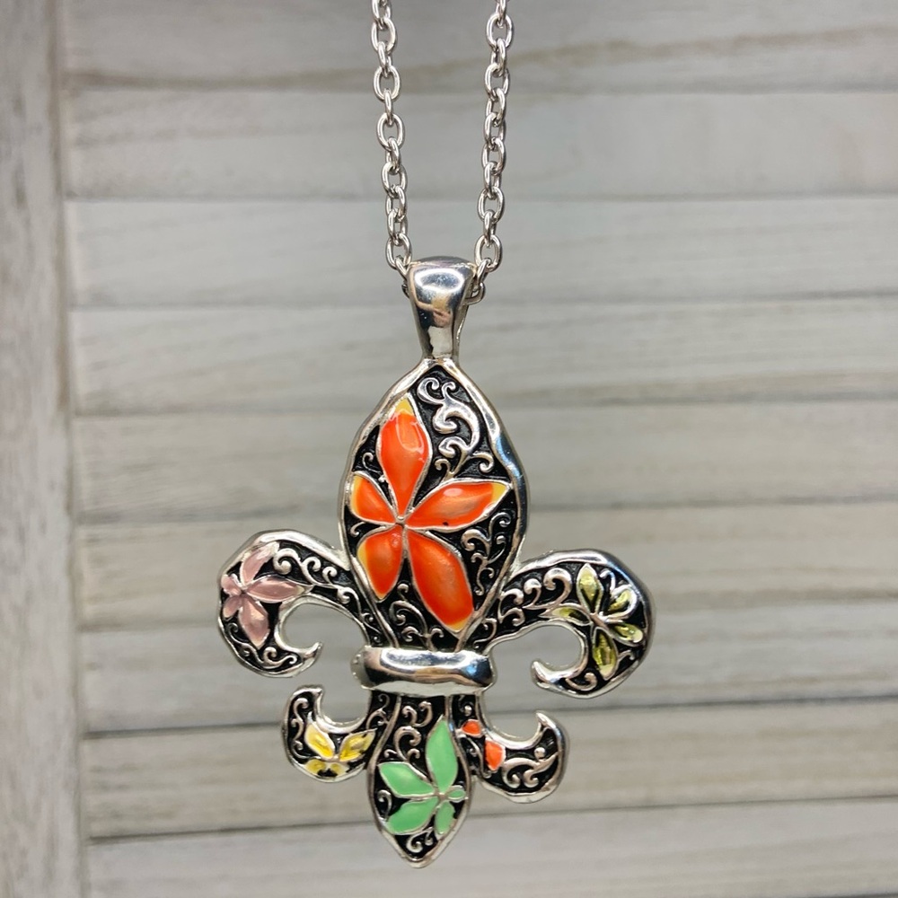 Fleur De Lis Bright Multicolor Enamel Large Pendant Chain Necklace Silver Tone